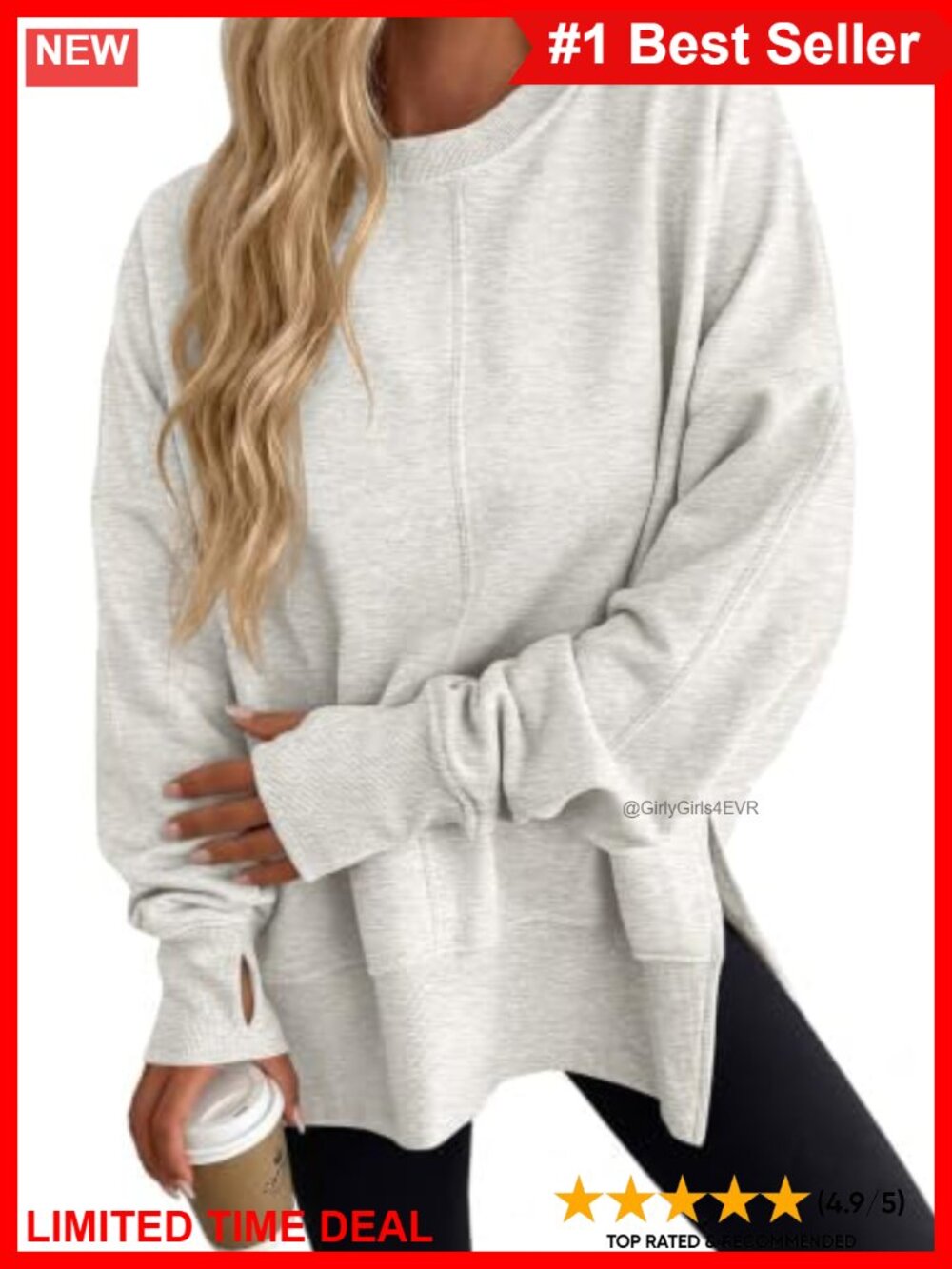 Womens Oversized Fleece Crewneck Sweatshirt Thumb Hole Loose Pullover